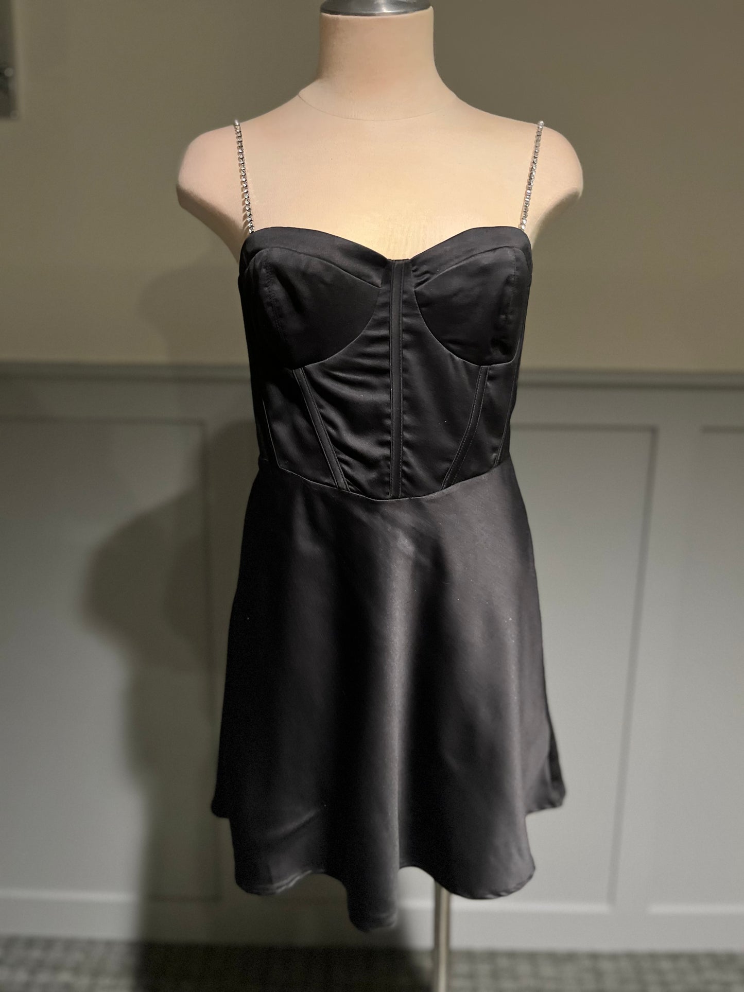 Black Satin Corset Mini Dress with Chain Straps