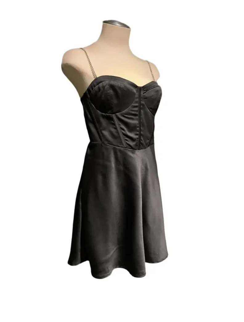 Black Satin Corset Mini Dress with Chain Straps